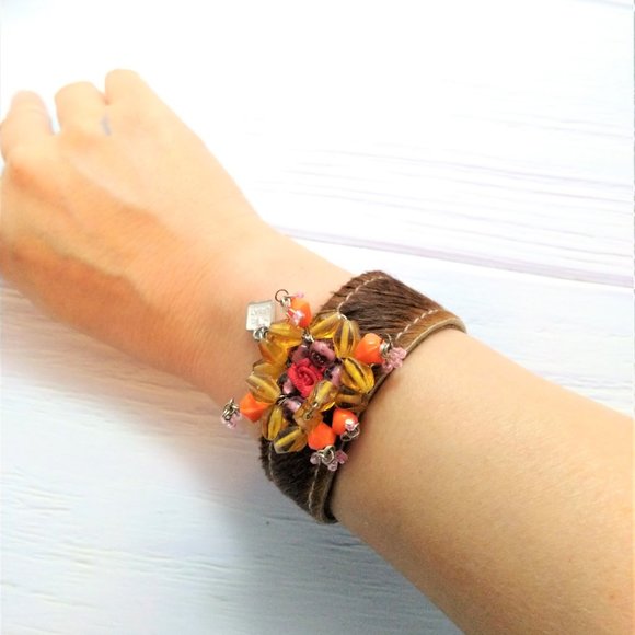 Brown Bead Bangle Faux Leather Bracelet New - Picture 1 of 6